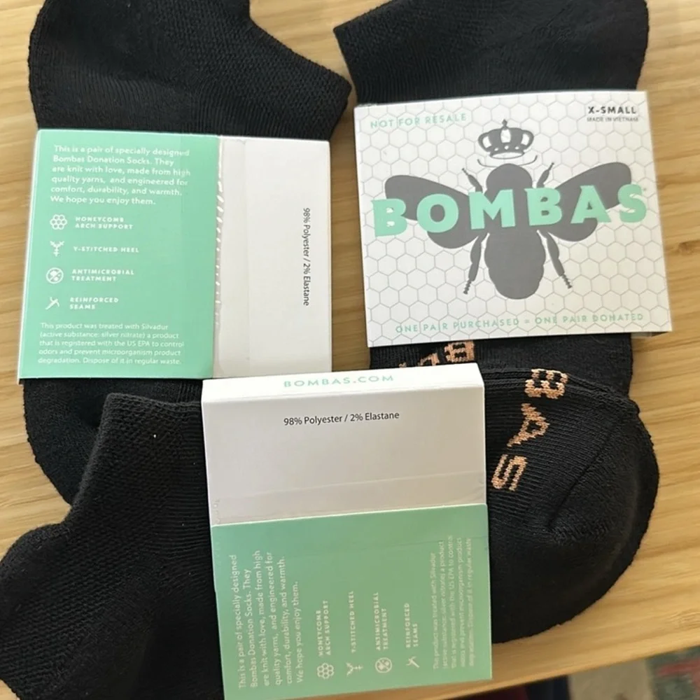 3 NWT BOMBAS XS BLACK SOCKS